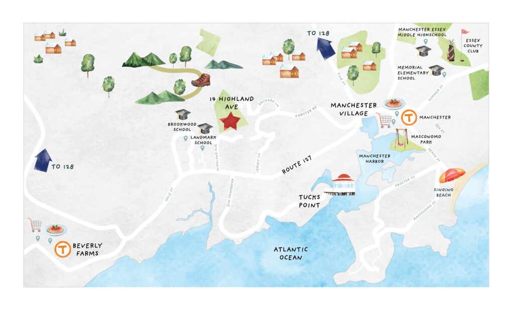Illustrated map of Manchester Village, showing local schools, parks, the harbor, and key landmarks, with icons for houses, trees, and transportation routes near the Atlantic Ocean.