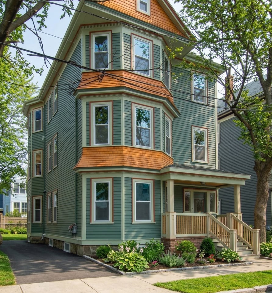 A three-story green house at 17 Smith Place features orange shingle roof accents, large bay windows, a covered porch, and driveway, all surrounded by trees and landscaping.
