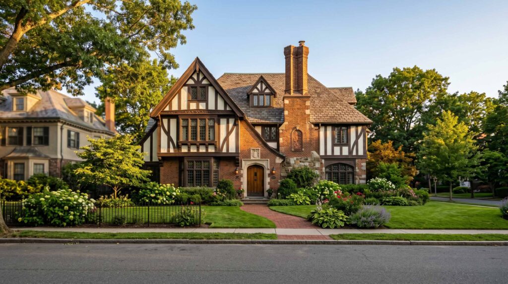 A two-story Tudor-style brick house exemplifies the architectural beauty of Tudor homes, featuring a steep roof, prominent chimneys, manicured lawn, and landscaped garden on a quiet residential street.