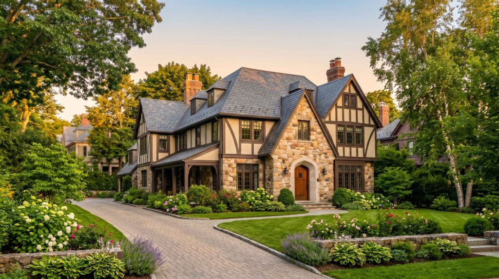 A large Tudor-style house with a stone and timber facade, steep roof, manicured lawn, flower beds, and a curved driveway stands in contrast to trends like Why Tiny Homes Are the Future of Housing, nestled among trees in a residential neighborhood.