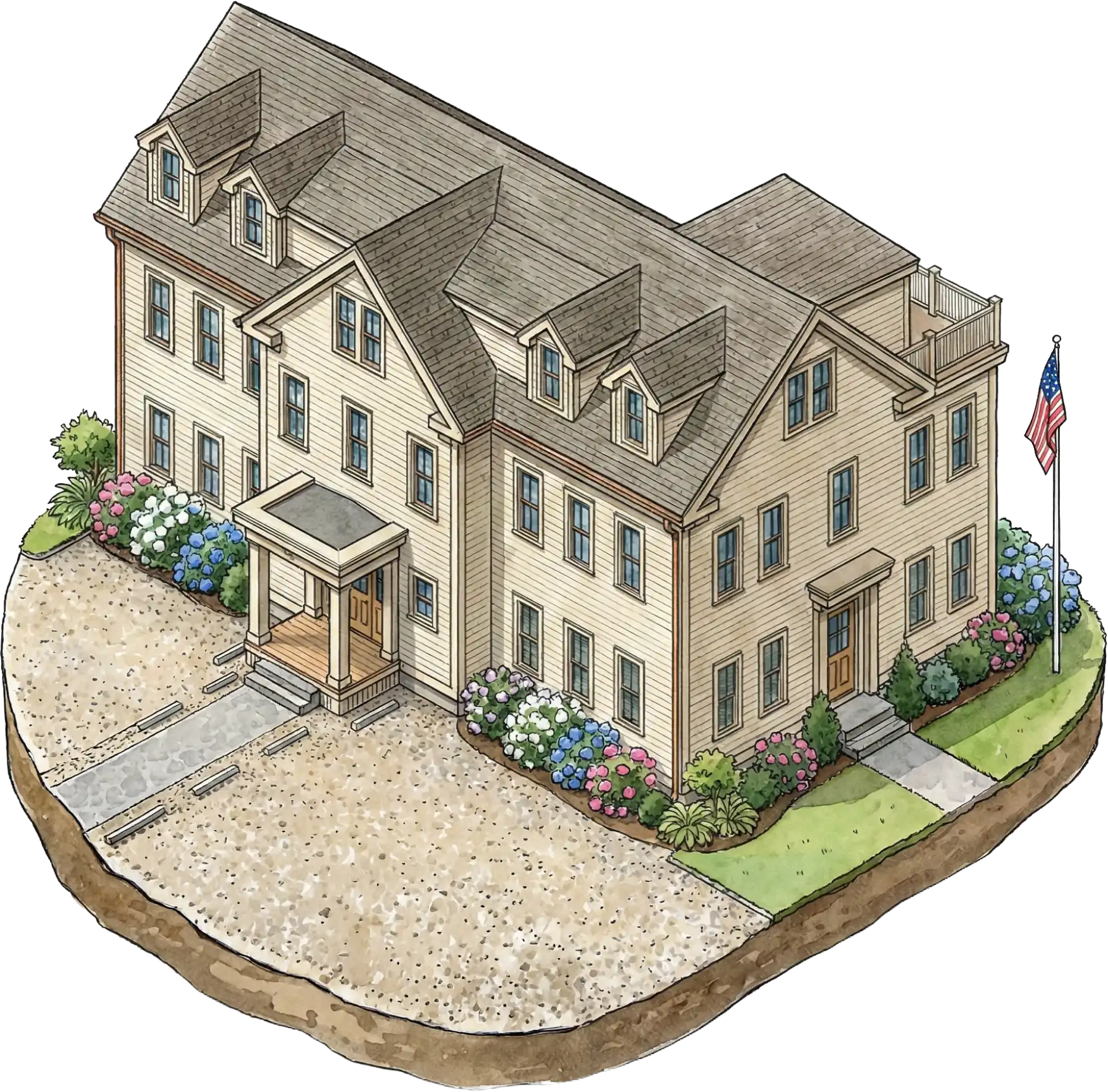 Illustration of a large, beige, two-story house with dormer windows, a front porch, surrounding bushes, and an American flag on a pole in the yard—expertly crafted by Cedar Hill Construction Managers.