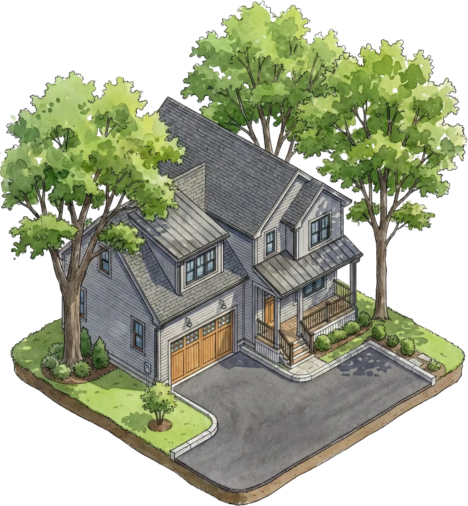 Illustration of a two-story gray house with a porch, double garage, driveway, and lush green trees and shrubs—expertly crafted by Cedar Hill Construction Managers.