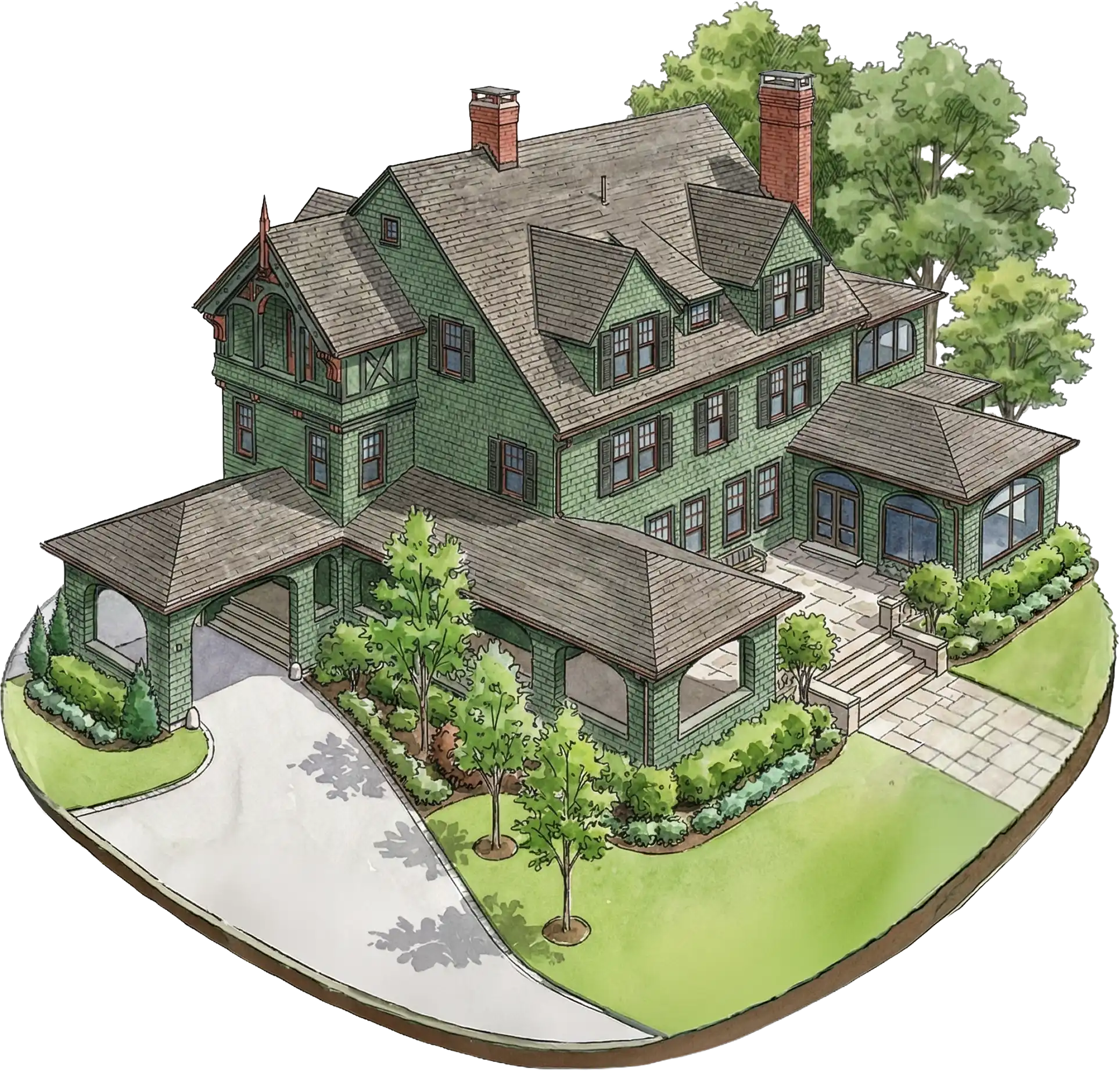 Illustration of a large, green, multi-story house with gabled roofs, chimneys, and a wraparound porch—beautifully designed by Cedar Hill Construction Managers—with a driveway and landscaped yard featuring trees and shrubs.