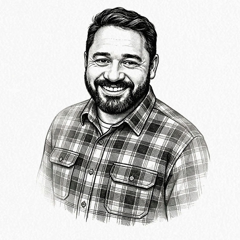 Black and white illustration of a smiling bearded man in a plaid shirt, shown from the chest up against a plain background—perfect for an About section.