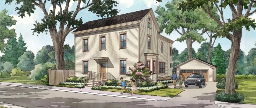 A two-story beige house with a front porch and landscaped yard, built by Cedar Hill Construction Managers, features a detached garage and people walking and standing outside on a sunny day.