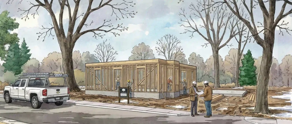 Construction site with a partially framed single-story building, workers in hard hats, a parked truck, and leafless trees in a suburban area overseen by Cedar Hill Construction Managers.